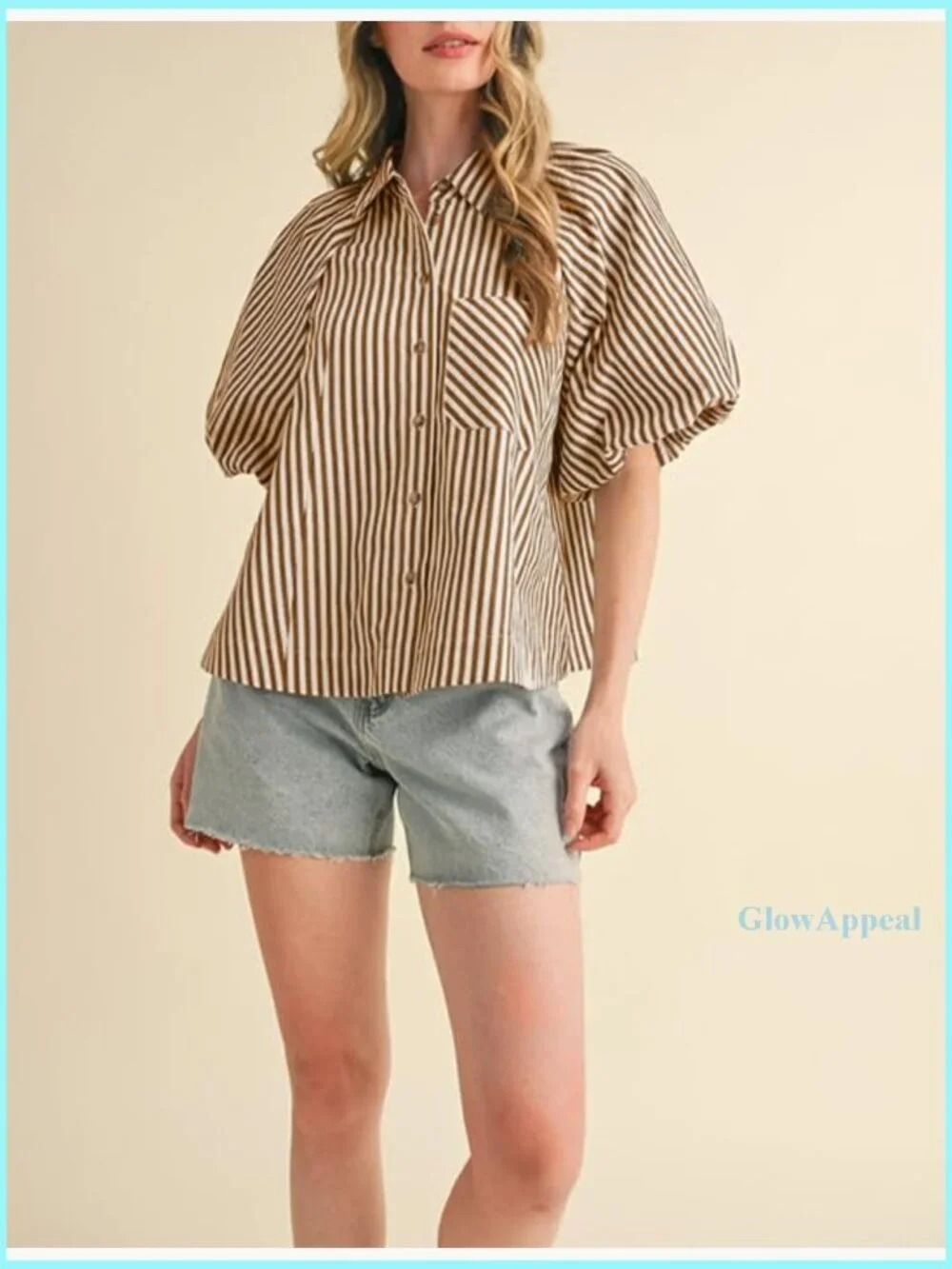 Striped Button Down Shirt Puff Sleeve Collared V Neck Loose Casual Blouse - Picture 3 of 7